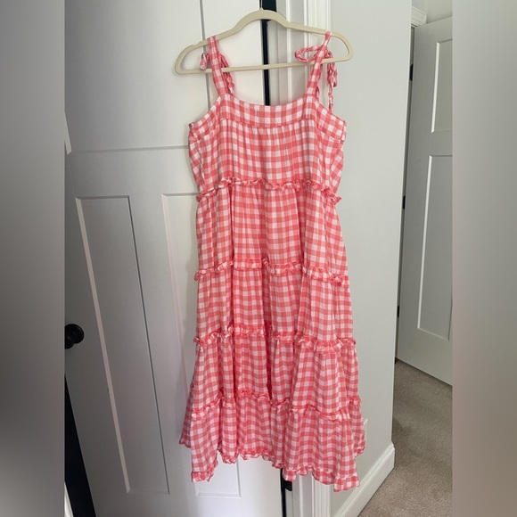 PINK CITY PRINTS Apricot Gingham Acapulco Dress tie shoulder midi tiered - Picture 3 of 6